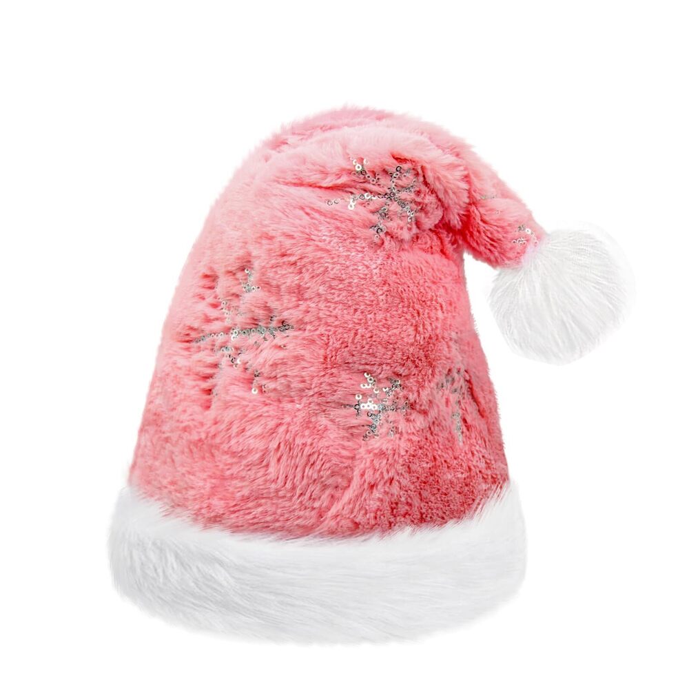 2715 White Plush Christmas Hat Unisex Comfort Santa Hat with SnowflakesPink